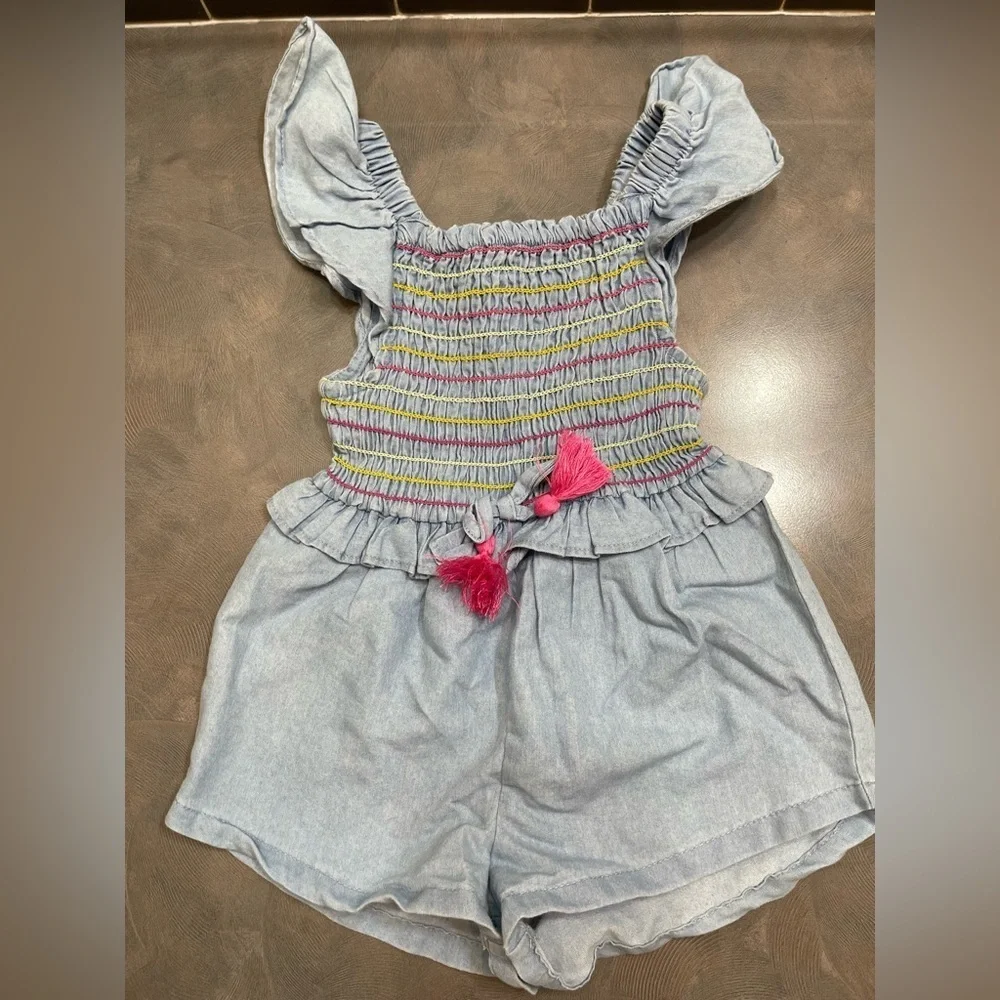 Vince Camuto 3T Girls Summer One Piece Romper Smocked Blue Pink Yellow Pull On‎